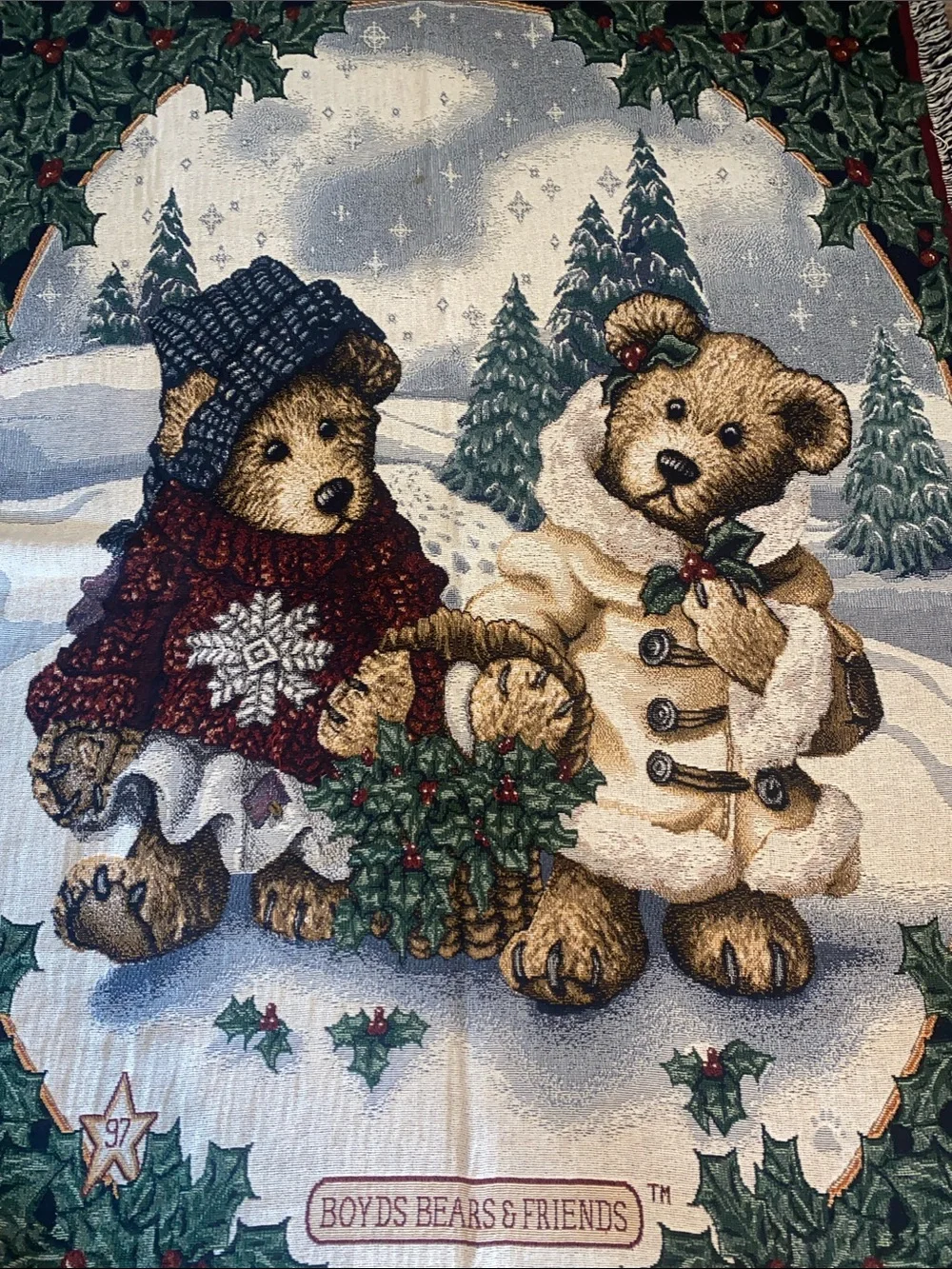 Boyds Bears 1997 Christmas Holiday Teddy Bear Woven Throw